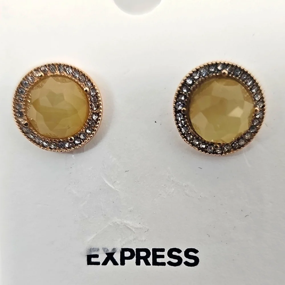 Express Delicate Post Earring Yellow Green w Faux Diamond Crystals & Gold Base